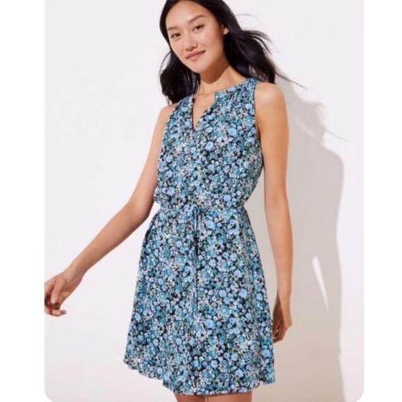 LOFT Blue Floral Tie Waist Sleeveless Dress- Size M - Picture 1 of 7